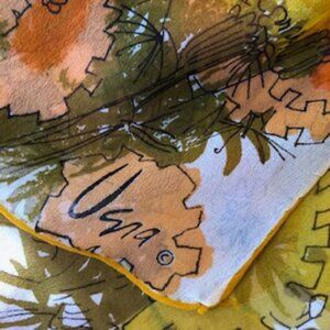 Vintage 1970s Vera Neumann Silk Oblong Scarf Orange Yellow Deco Floral Like New